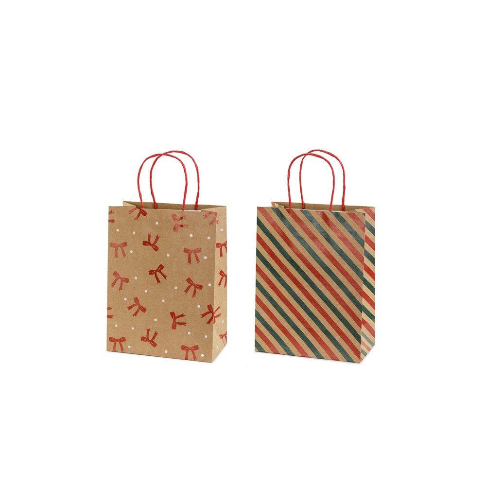 Sacs cadeaux Rayures et nœuds, 19x25x10 cm, kraft