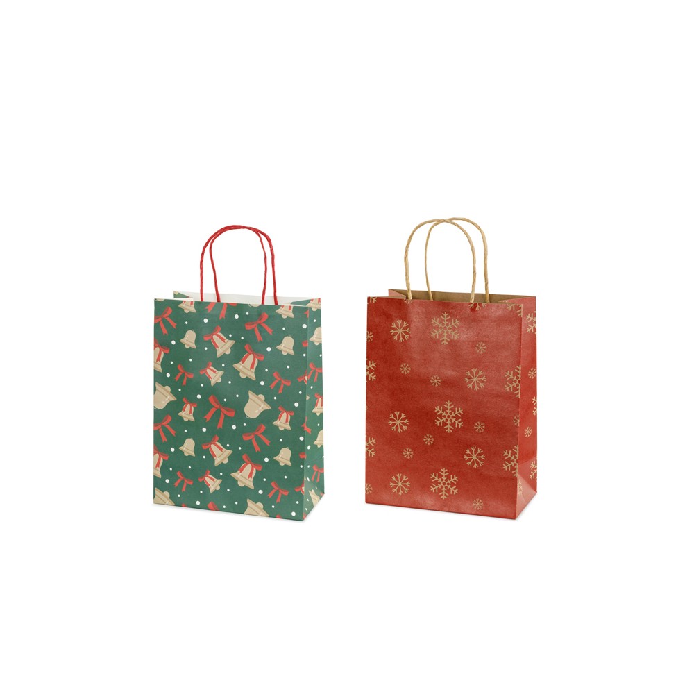 Sacs cadeaux Flocons et cloches, 19x25x10 cm, rouge et vert