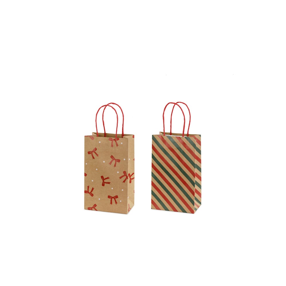 Sacs cadeaux Rayures et nœuds, 13x21x8 cm, kraft