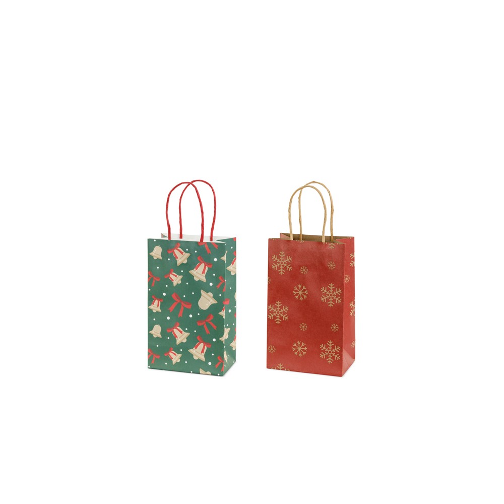 Sacs cadeaux Flocons et cloches, 13x21x8 cm, rouge et vert