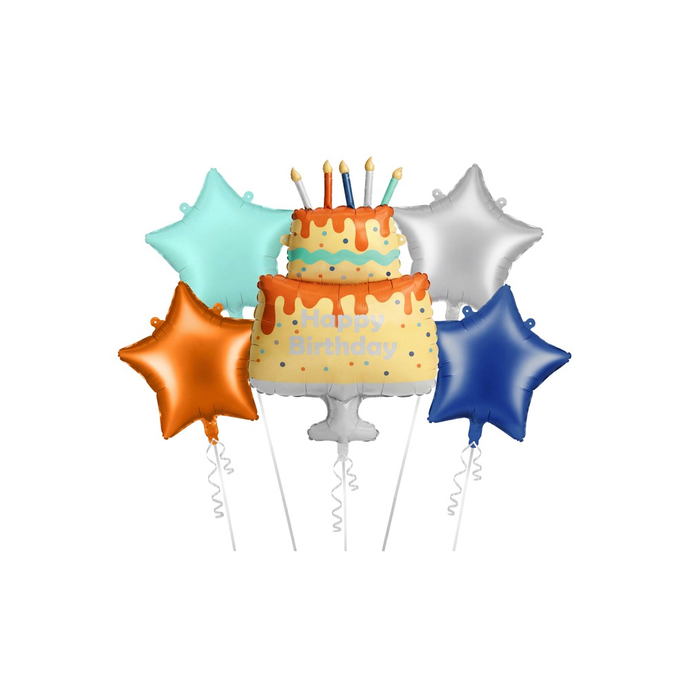 Lot de ballons aluminium Gâteau coloré Happy Birthday, mix