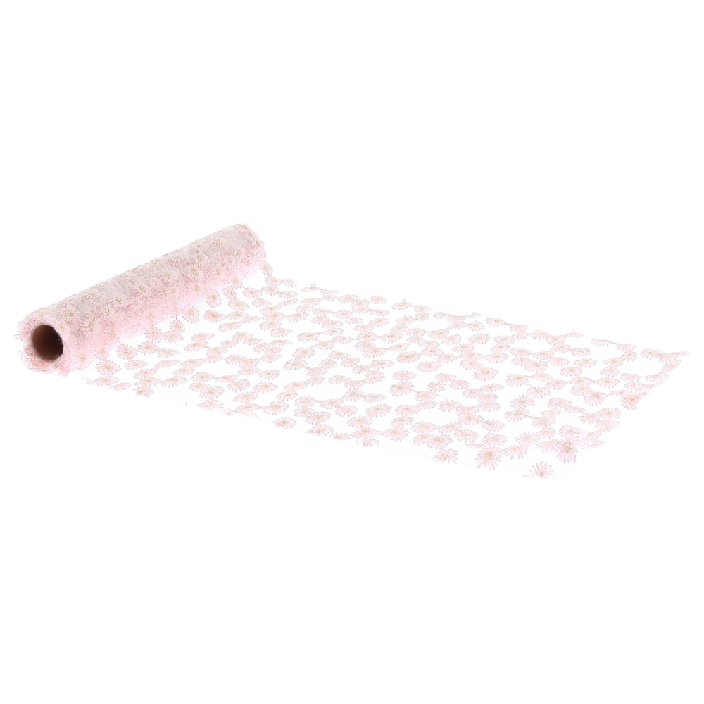 Chemin de table voile rose "fleurs brodées"-  3 m