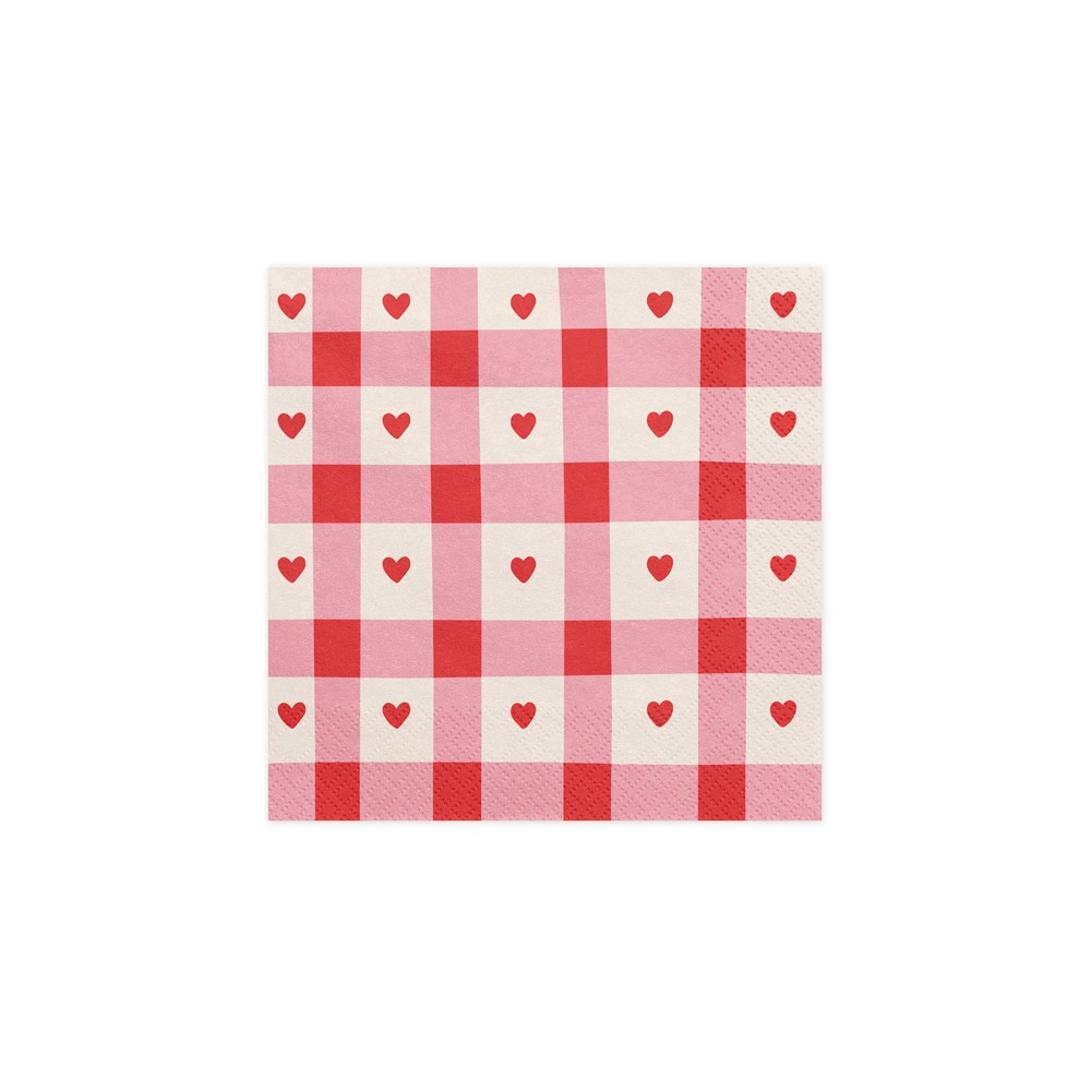 Serviettes Cœurs à carreaux, 33x33 cm, rouge-rose