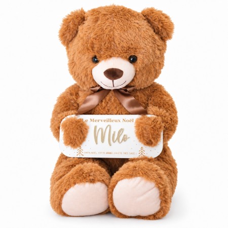 Ours en peluche XXL avec pancarte de Noël personnalisée, produit entier sur fond blanc avec une ombre légère