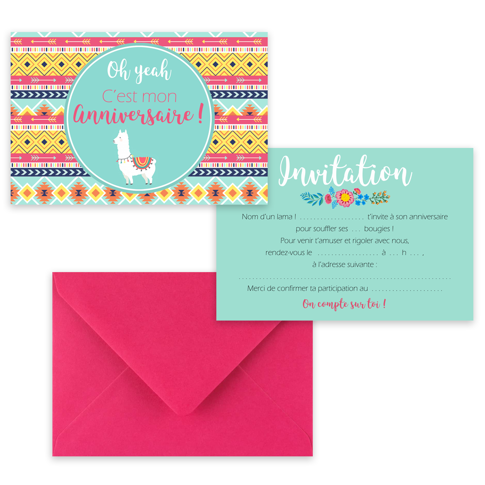 5 cartes d'invitation "Lama" + 5 enveloppes