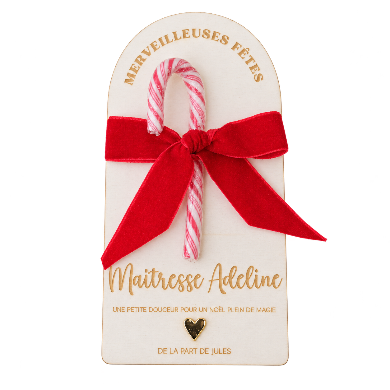 Arche de Noël personnalisée avec sucre d’orge, nœud en velours rouge et cœur doré